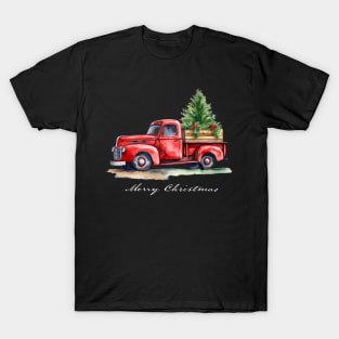 Classic Red Vintage Wagon Truck Christmas Tree Design T-Shirt